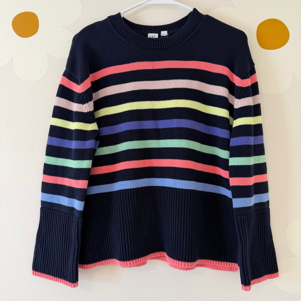 LIKE NEW GAP 100% Cotton Split-Hem Crewneck Sweater Navy and Multicolor Stripe - Picture 4 of 10